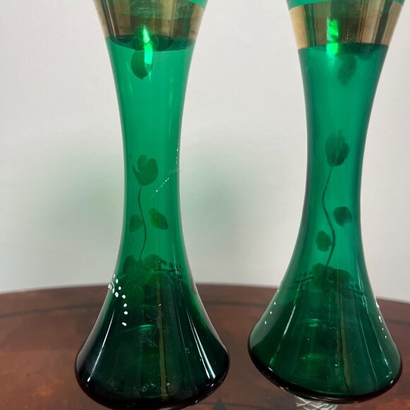 VTG Pair Czech Bohemian Green Vase Hand painted Hand blown 22k Gold Accents 8" - Picture 7 of 10